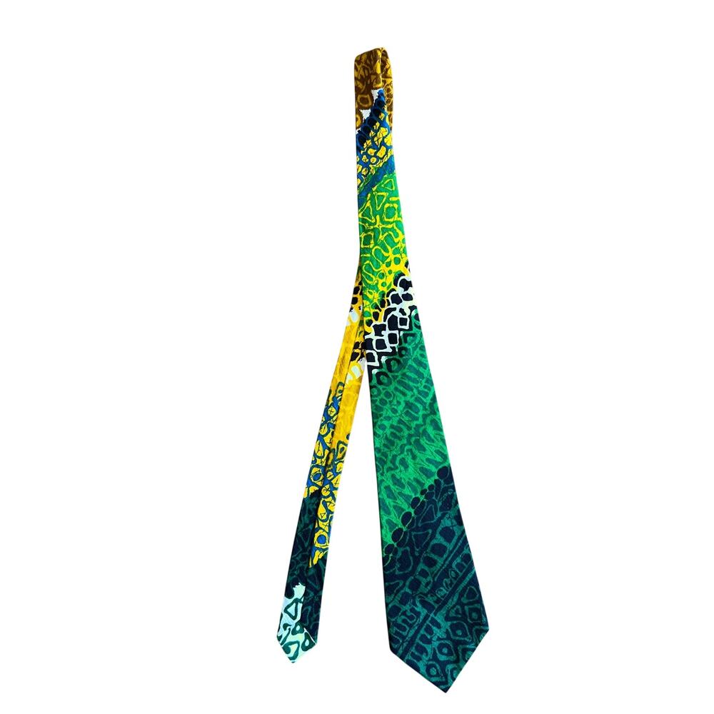 Vtg. 70's Kanaka Tie Made in Hawaii Green Yellow Polyester One Size MCM